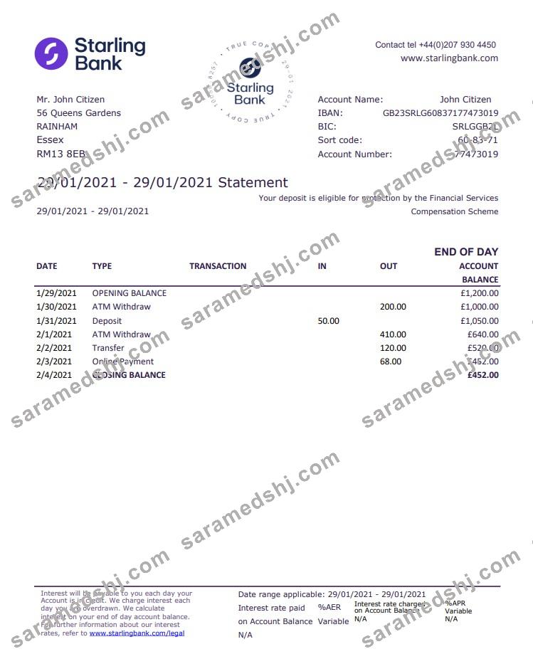 United Kingdom Starling bank statement template in .xls and .pdf file format, good for address prove